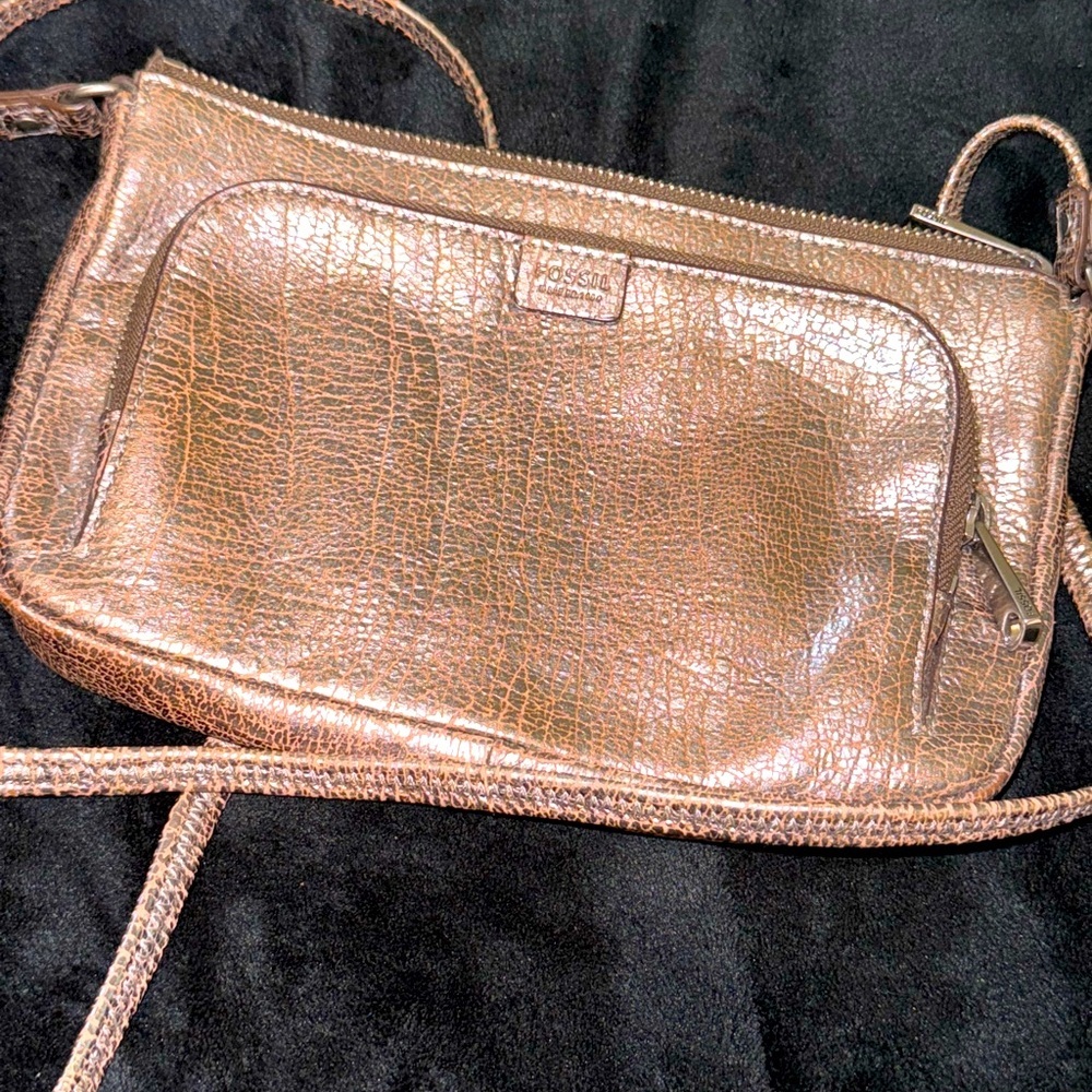 Fossil Shoulder Bags Brown Leather Metallic Silver Crackle Finish